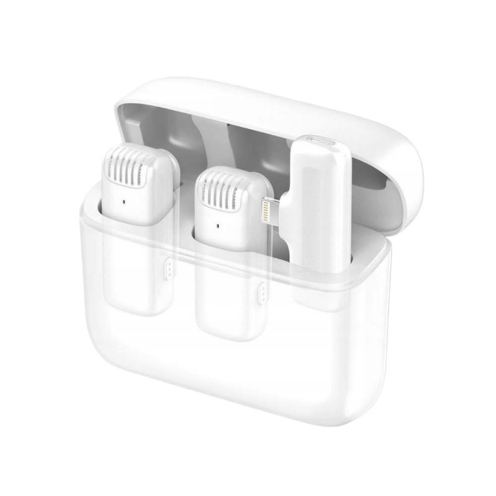 Produse EmagMarketplace - Lavaliera alba AdyMel®, microfoane profesionale wireless cu carcasa de incarcare, Conector Lightning-Apple, pentru Vlogging, Interviuri, Intalniri, Streaming live, Inregistrare video