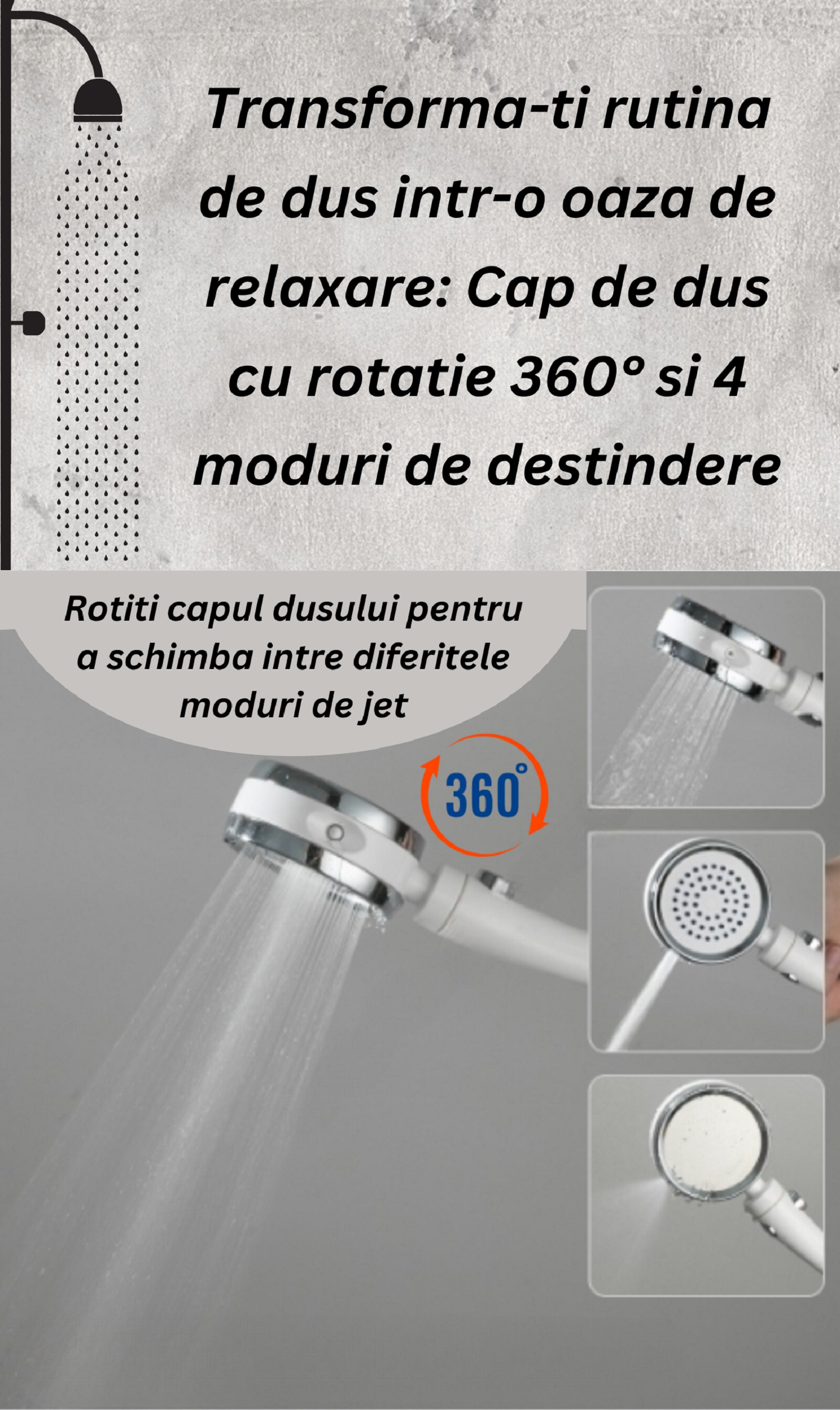 Cap de dus cu multiple moduri de jet si presiune inalta