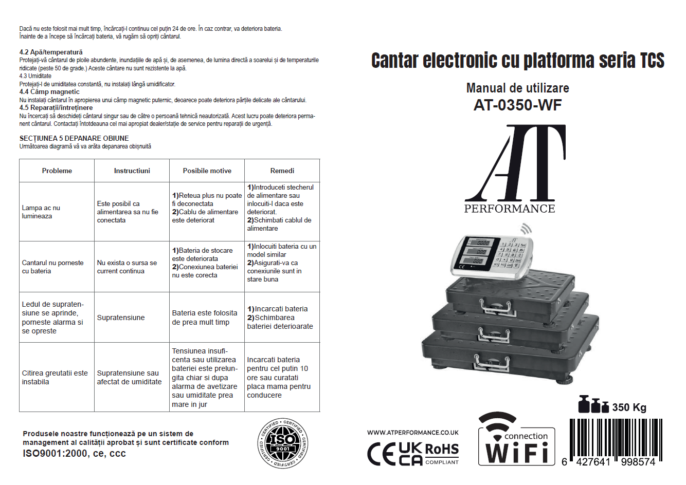 Cantar electronic cu platforma WI-FI, AT PERFORMANCE®, Butoane din inox, capacitate maxima 350 Kg, display LCD - Cantare electronice comerciale - atMag.ro