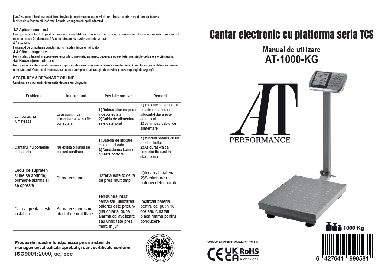 Cantar electronic AT PERFORMANCE, industrial 1000 kg, platforma 60x80 cm, tabla groasa striata, brat - Cantare electronice comerciale - atMag.ro