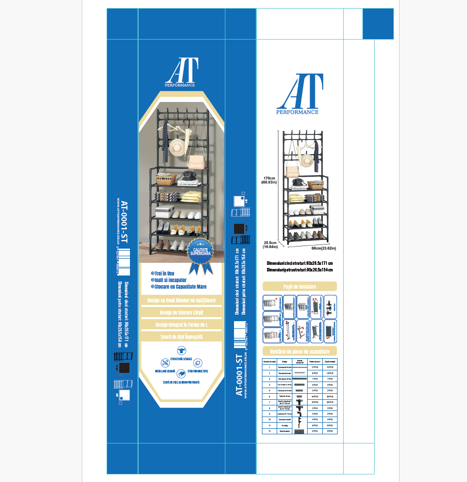 Cuier cu pantofar, Metalic, cu 5 rafturi, Agatatori, AT PERFORMANCE®, Negru - Mobila Hol - atMag.ro