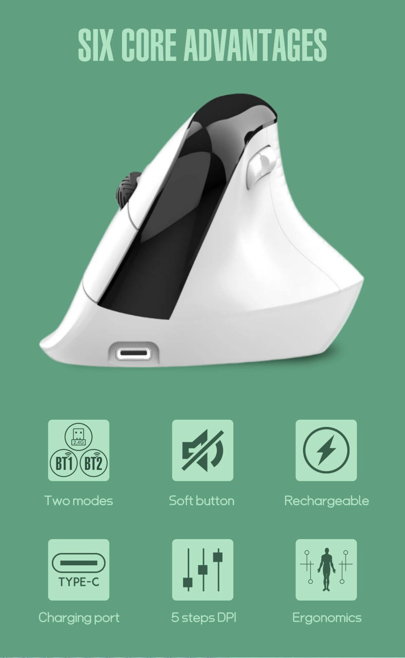 Mouse wireless AdyMel®, design ergonomic vertical, cu sau fara fir 2.4GHz + BT 5.0, 4000 dpi, acumulator fast charge, baterie de 500 mAh, senzor optic, compatibil cu telefon, tableta, laptop, calculat [3]