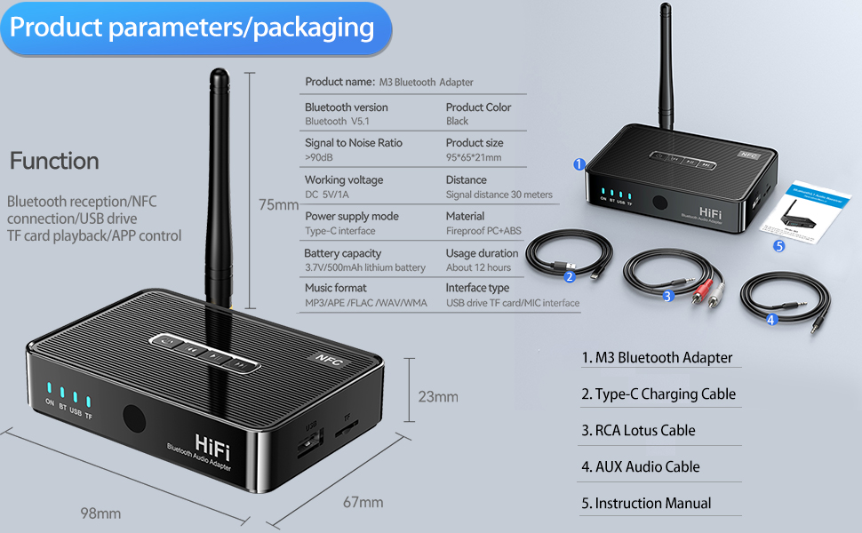 Adaptor audio Bluetooth AdyMel®, Suport SD card si USB, cu Acumulator, NFC, Telecomanda, HD, RCA, AUX jack 3.5 mm pentru Casti, TV, Masina, Sistem Audio, Home Cinema, Laptop, PC, Negru [1]