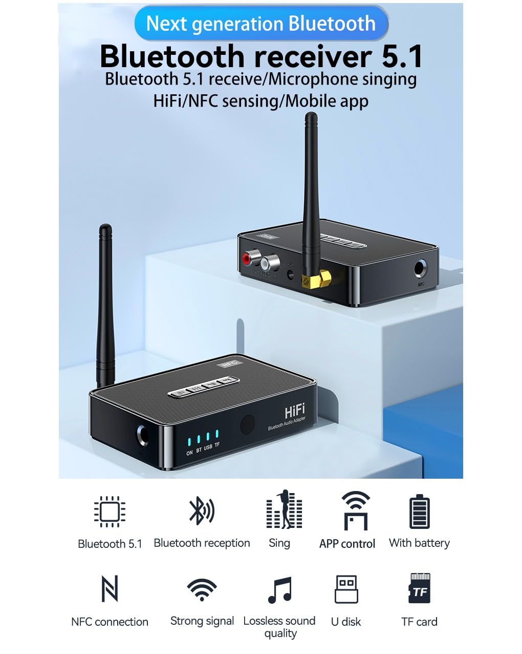 Adaptor audio Bluetooth AdyMel®, Suport SD card si USB, cu Acumulator, NFC, Telecomanda, HD, RCA, AUX jack 3.5 mm pentru Casti, TV, Masina, Sistem Audio, Home Cinema, Laptop, PC, Negru [5]