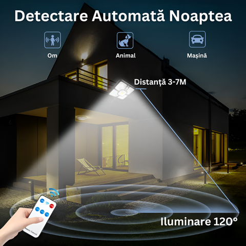 Lampa Solara, cu Panou Solar Incorporat, 220 LED SMD, Telecomanda, cu Senzori de Amurg, Miscare si Lumina, Brat de Montare, Rezistenta la Apa IP65, 3 Moduri Functionare, Kit de Montaj Inclus, Negru