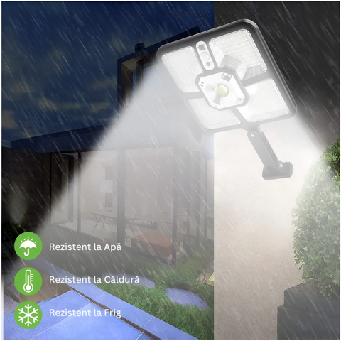 Lampa Solara, cu Panou Solar Incorporat, 220 LED SMD, Telecomanda, cu Senzori de Amurg, Miscare si Lumina, Brat de Montare, Rezistenta la Apa IP65, 3 Moduri Functionare, Kit de Montaj Inclus, Negru