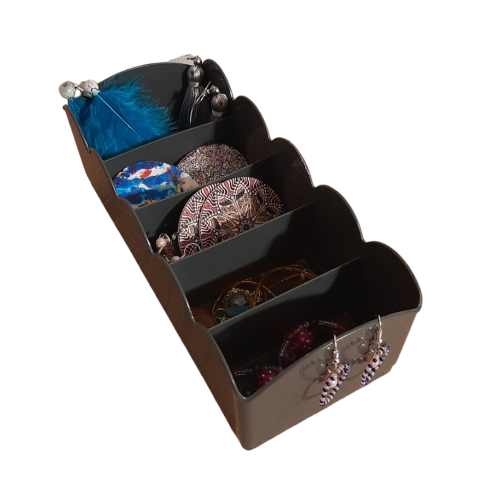 Organizator multifunctional pentru bijuterii, 5 compartimente, model dantelat, gri, 23x10x7.5cm