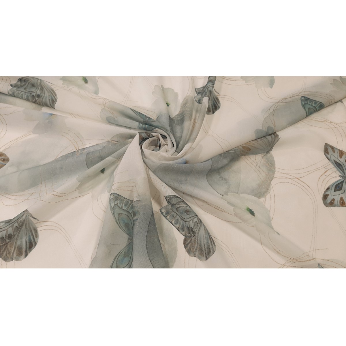 Perdea 534 CVK 4897/01, in, model cu flori si fluturi verzi, cu rejansa lata, latime 3 m, inaltime 2.50 m