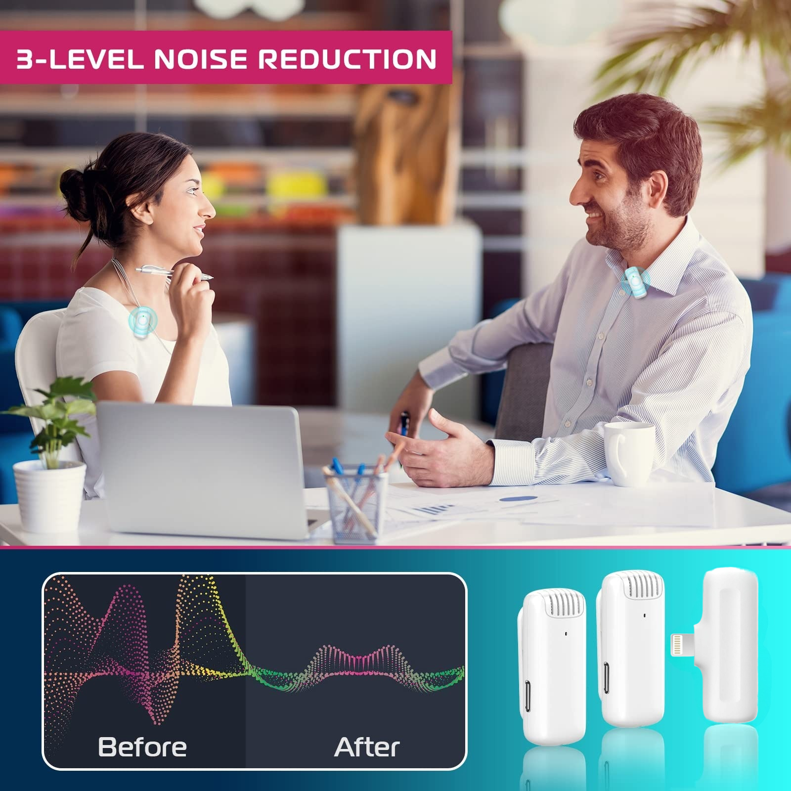 Lavaliera alba AdyMel®, microfoane profesionale wireless cu carcasa de incarcare, Conector Lightning-Apple, pentru Vlogging, Interviuri, Intalniri, Streaming live, Inregistrare video [3]