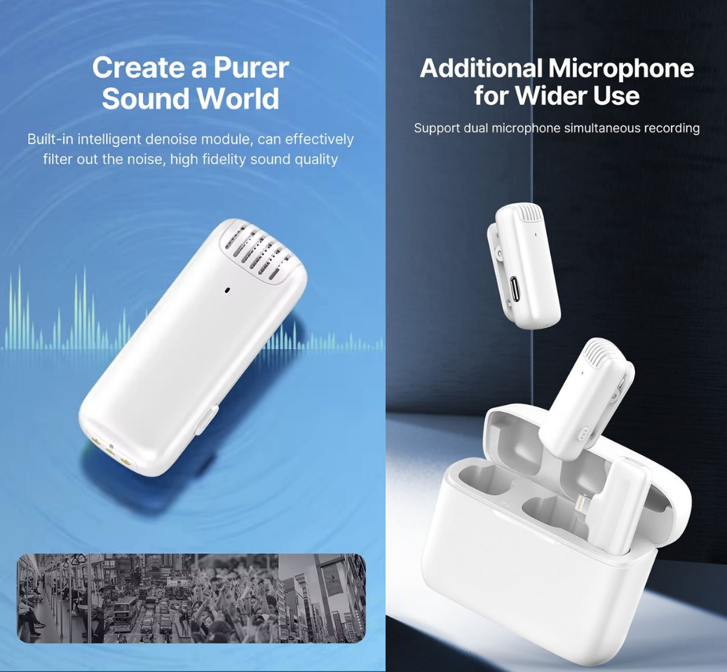 Lavaliera alba AdyMel®, microfoane profesionale wireless cu carcasa de incarcare, Conector Lightning-Apple, pentru Vlogging, Interviuri, Intalniri, Streaming live, Inregistrare video [4]