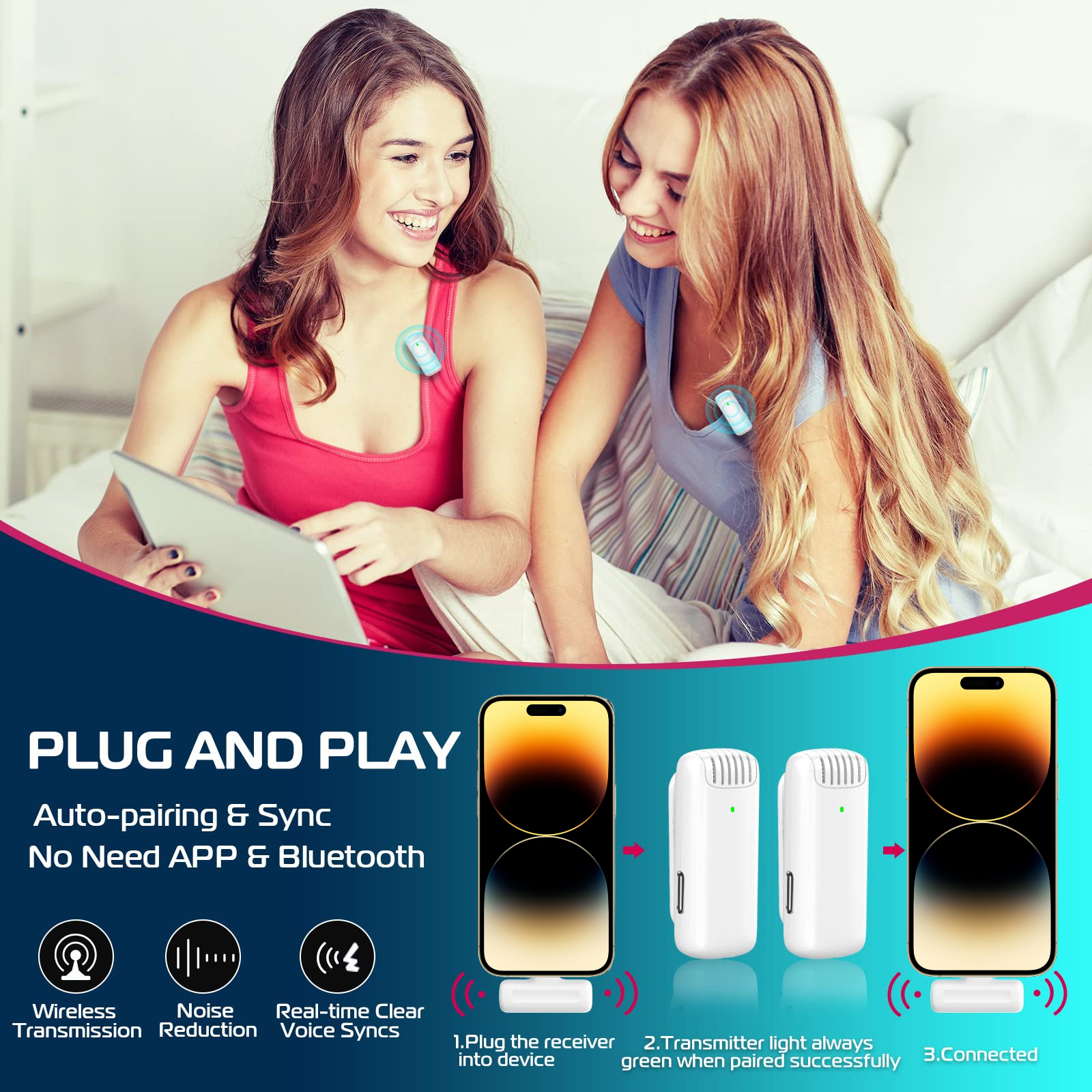 Lavaliera alba AdyMel®, microfoane profesionale wireless cu carcasa de incarcare, Conector Lightning-Apple, pentru Vlogging, Interviuri, Intalniri, Streaming live, Inregistrare video [5]