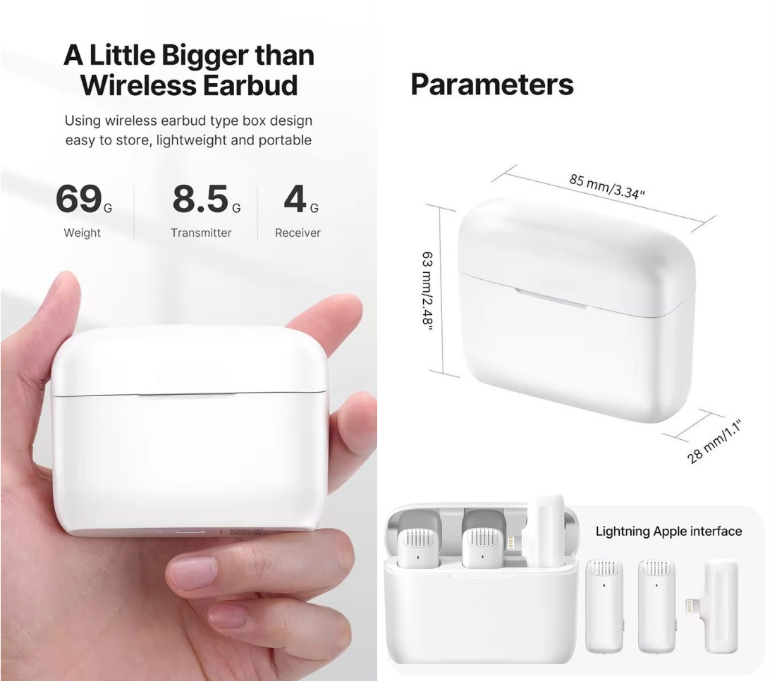 Lavaliera alba AdyMel®, microfoane profesionale wireless cu carcasa de incarcare, Conector Lightning-Apple, pentru Vlogging, Interviuri, Intalniri, Streaming live, Inregistrare video [8]