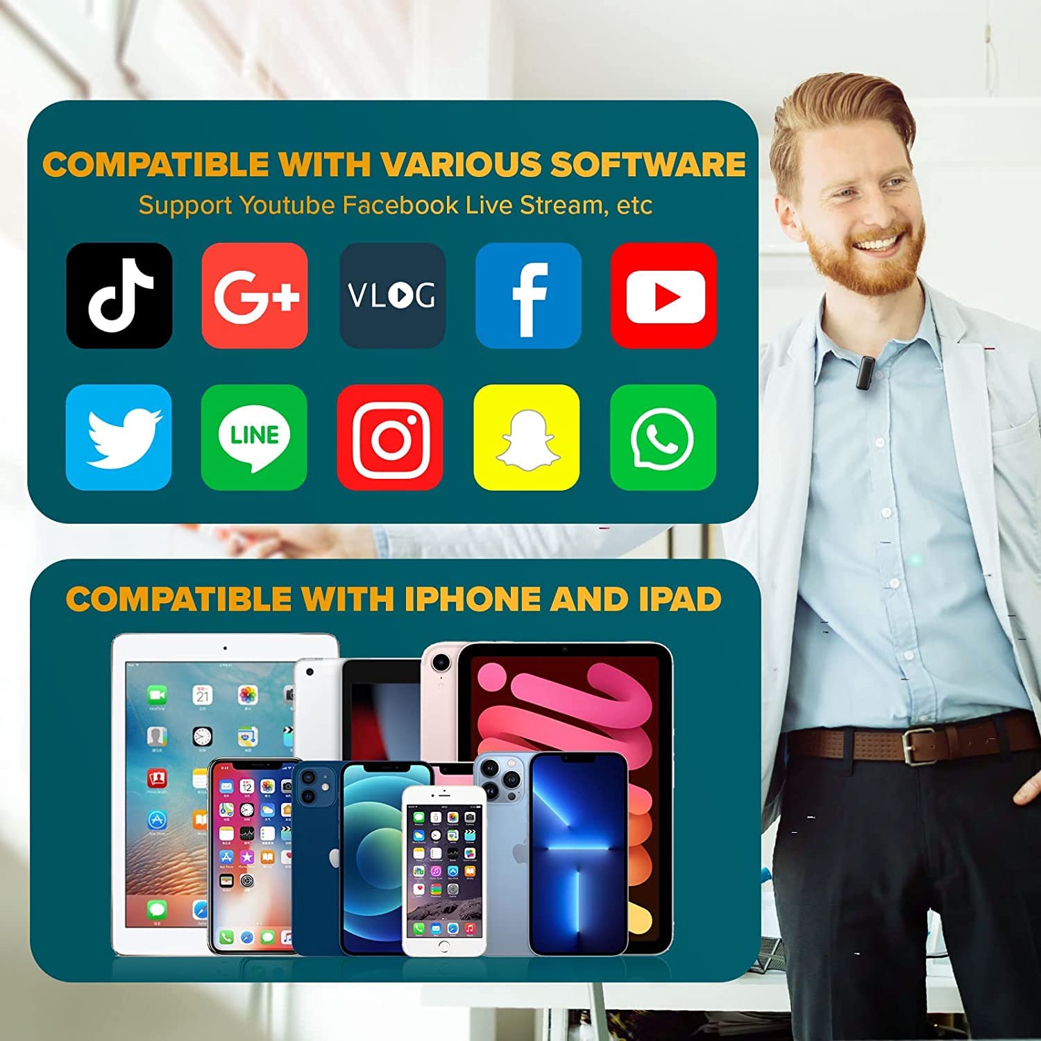 Lavaliera alba AdyMel®, microfoane profesionale wireless cu carcasa de incarcare, Conector Lightning-Apple, pentru Vlogging, Interviuri, Intalniri, Streaming live, Inregistrare video [9]