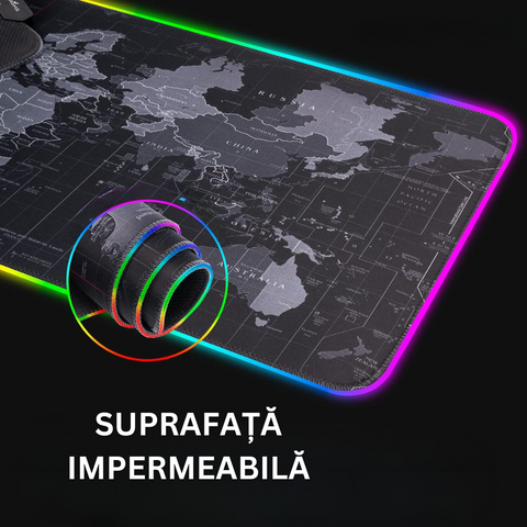 Голяма гумирана подложка за мишка, за игри, бюро, офис, с RGB LED осветление, шевове против приплъзване, против разкъсване, водоустойчива, модел на карта на света, включен USB кабел, 80 x 30 см, черен