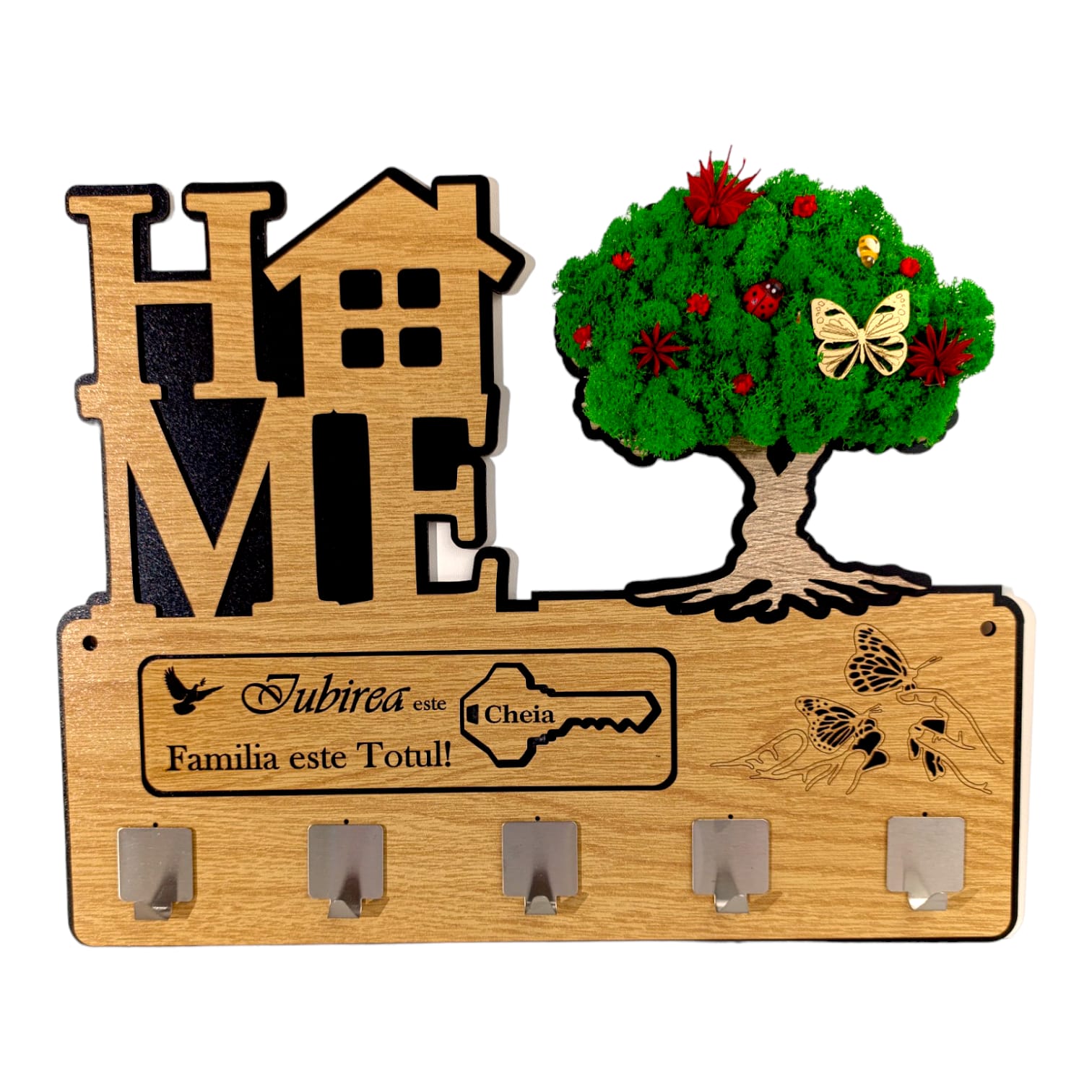 Cadouri Personalizabile - Suport cuier pentru chei, personalizat pentru familie, nasi, fini, prieteni cu mesaj standard "Iubirea este cheia, Familia este totul!" decorat cu licheni stabilizati, 38x30cm,