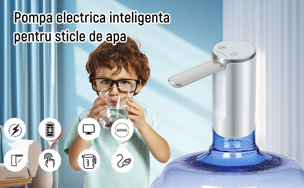 Pompa Electrica pentru Bidon de Apa, Pliabil, Dozator cu ecran digital, Indicator nivel baterie, Dozarea cantitatii de apa, Compatibil cu Bidoane de Apa de 5L/10L/15L/20L, ABS, Vaxiuja, Alb 1 53021666