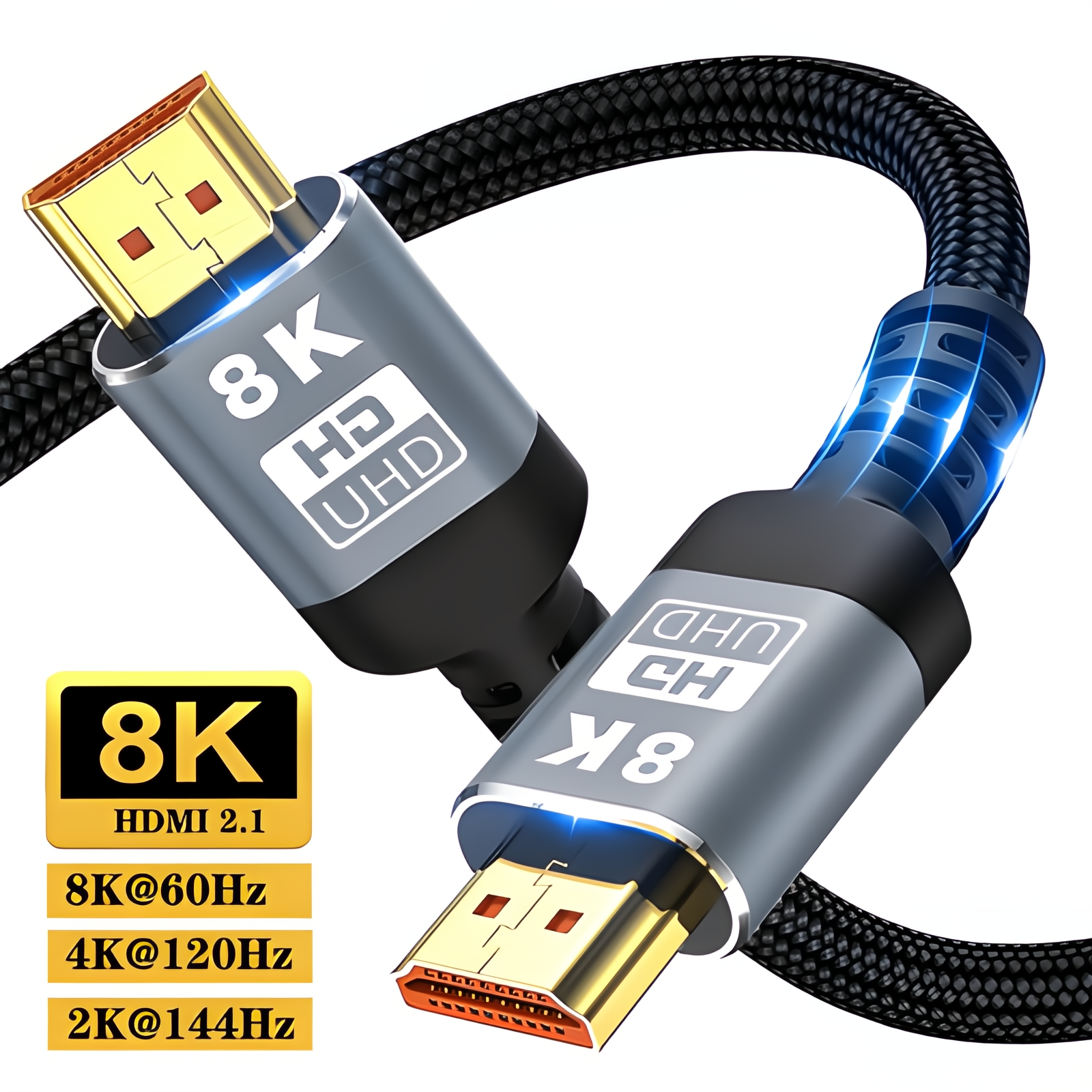 Sellera® HDMI 2.1 кабел, 8K/60 Hz, 4K/120 Hz, 2K/144 Hz, 1080p/165 Hz, 3D видео, 48 GBPS, динамичен HDR, VRR, QMS, EARC, Dolby Vision, Dolby Atmos, 1M