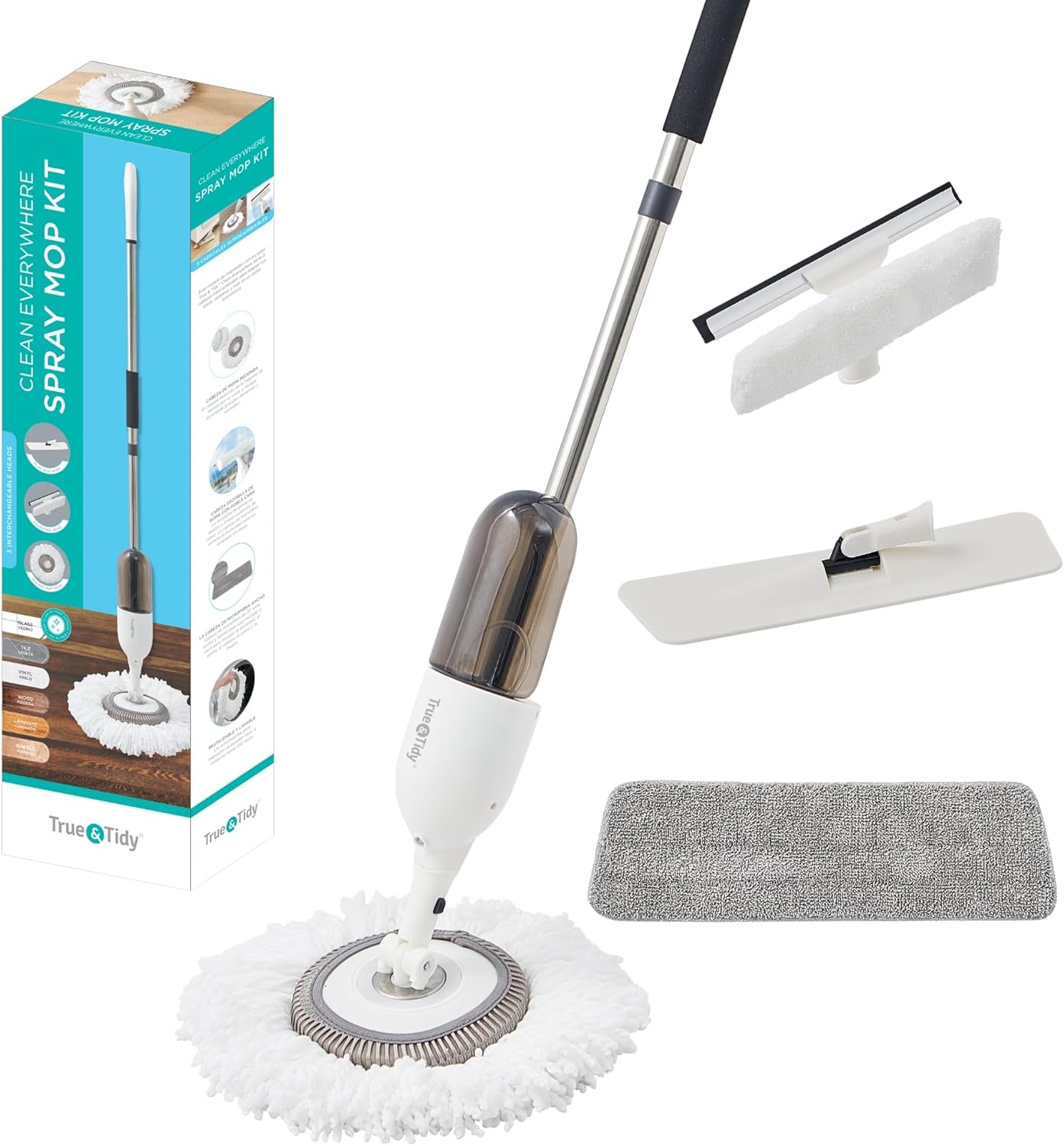 Produse - Set 3 in 1 Mop Spray Profesional cu Pulverizator SUPER TRENDS®, Laveta Microfibra, Rezerva Rotunda, Stergator cu Racleta Geamuri, Maner Extensibil, Rezervor 450 ml, Alb
