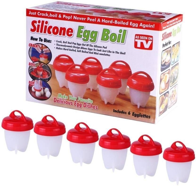 Produse - Set 6 Forme Fiert Oua Fara Coaja SUPER TRENDS®, Dispozitive din Silicon Alimentar Premium, Recipient Antiaderent, Alb/Rosu