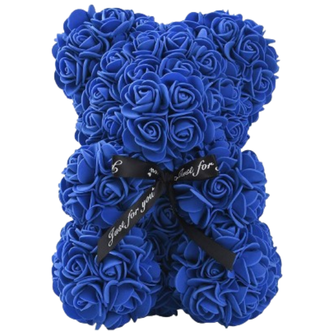 Produse - Ursulet din Trandafiri de Spuma Premium SUPER TRENDS®, 25 Cm, Extra Flori, Urs Lucrat Manual, Cutie Cadou Inclusa, Albastru Inchis