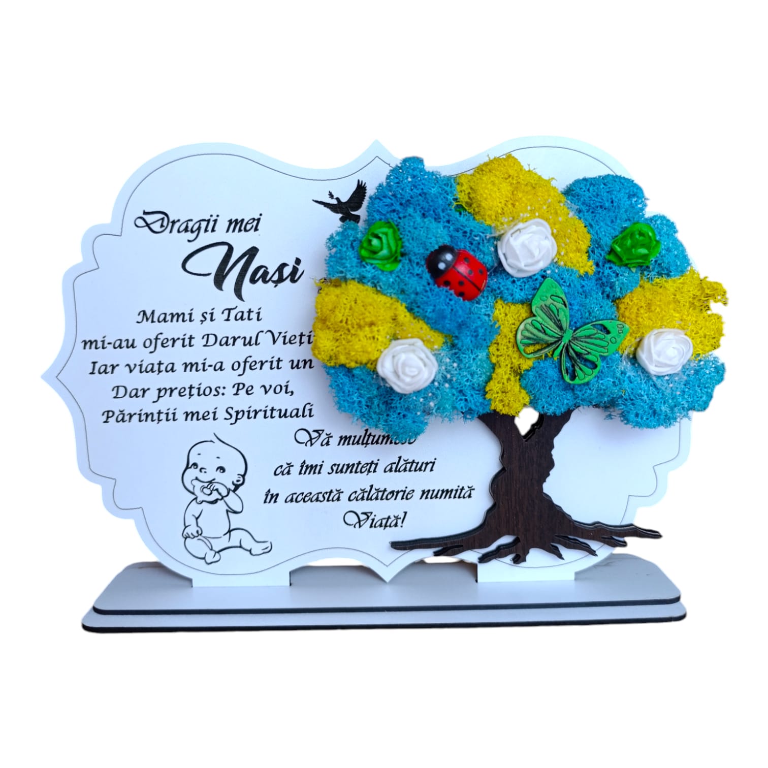 Cadouri Fin - Tablou copac cu licheni, personalizat pentru Botez Baiat, model 6, alb
