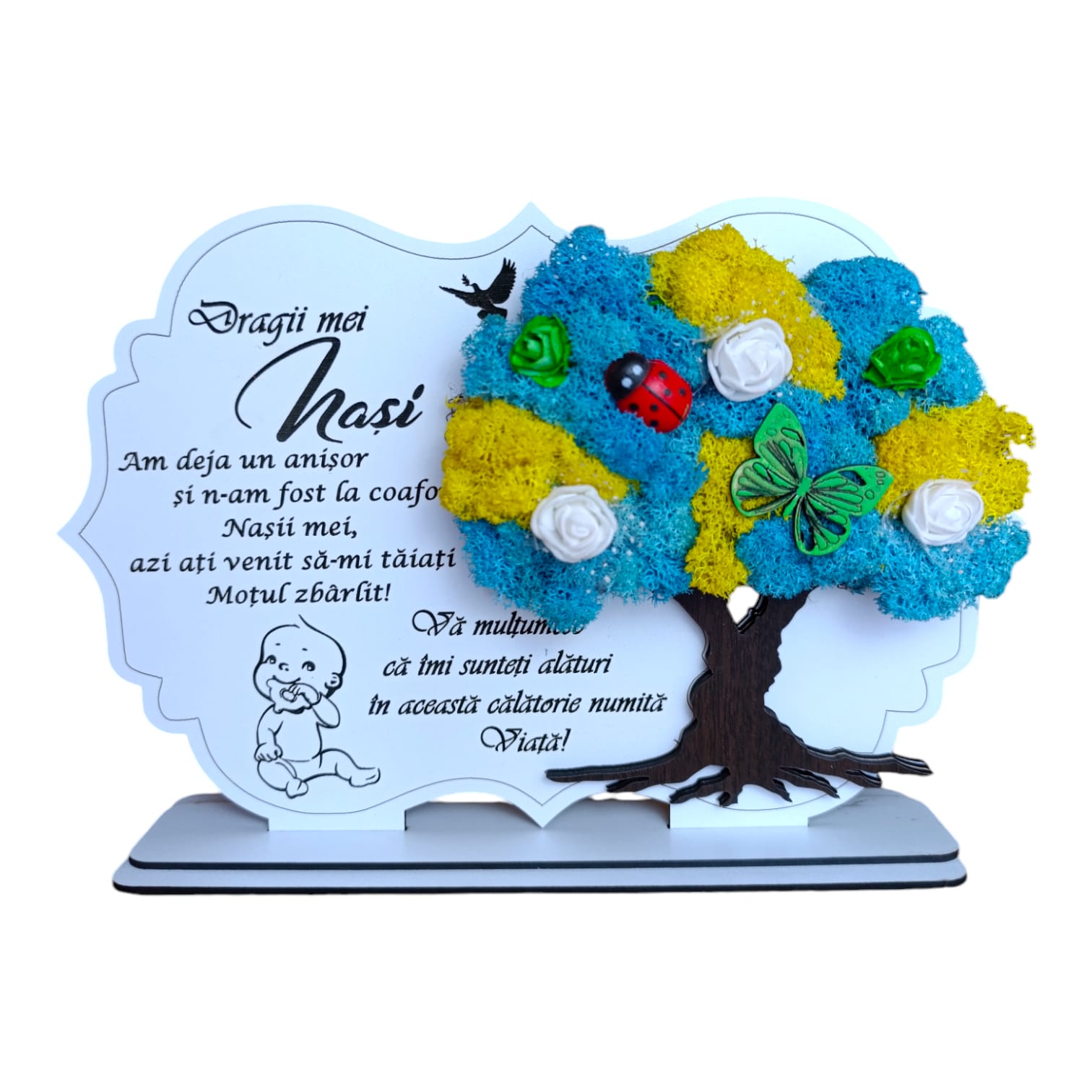 Cadouri Fin - Tablou copac cu licheni, personalizat pentru Botez Baiat, model 5, alb