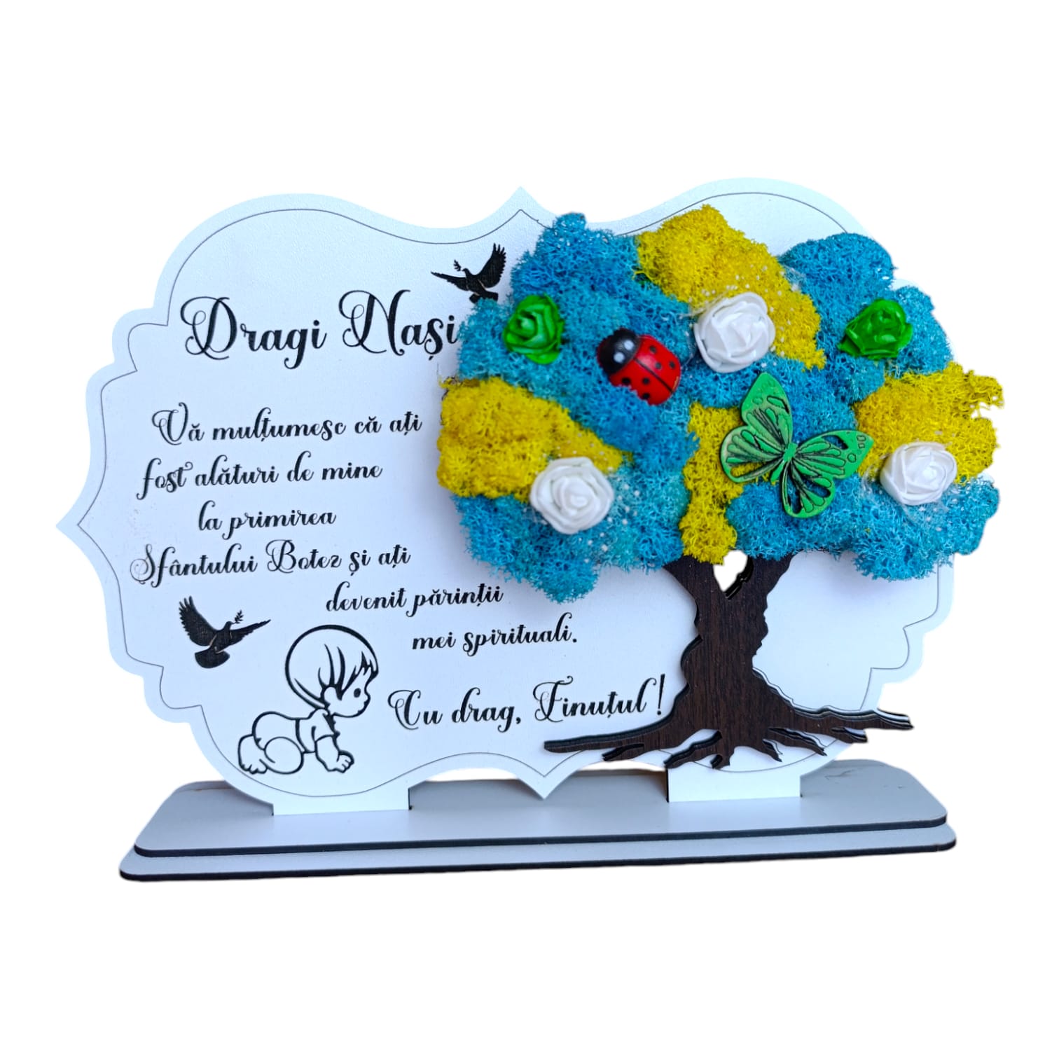 Cadouri Fin - Tablou copac cu licheni, personalizat pentru Botez Baiat, model 3, alb