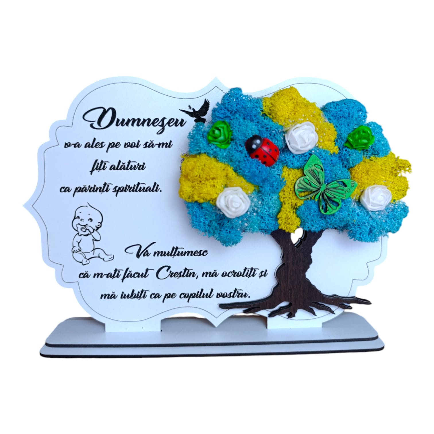 Cadouri Fin - Tablou copac cu licheni, personalizat pentru Botez Baiat, model 2, alb