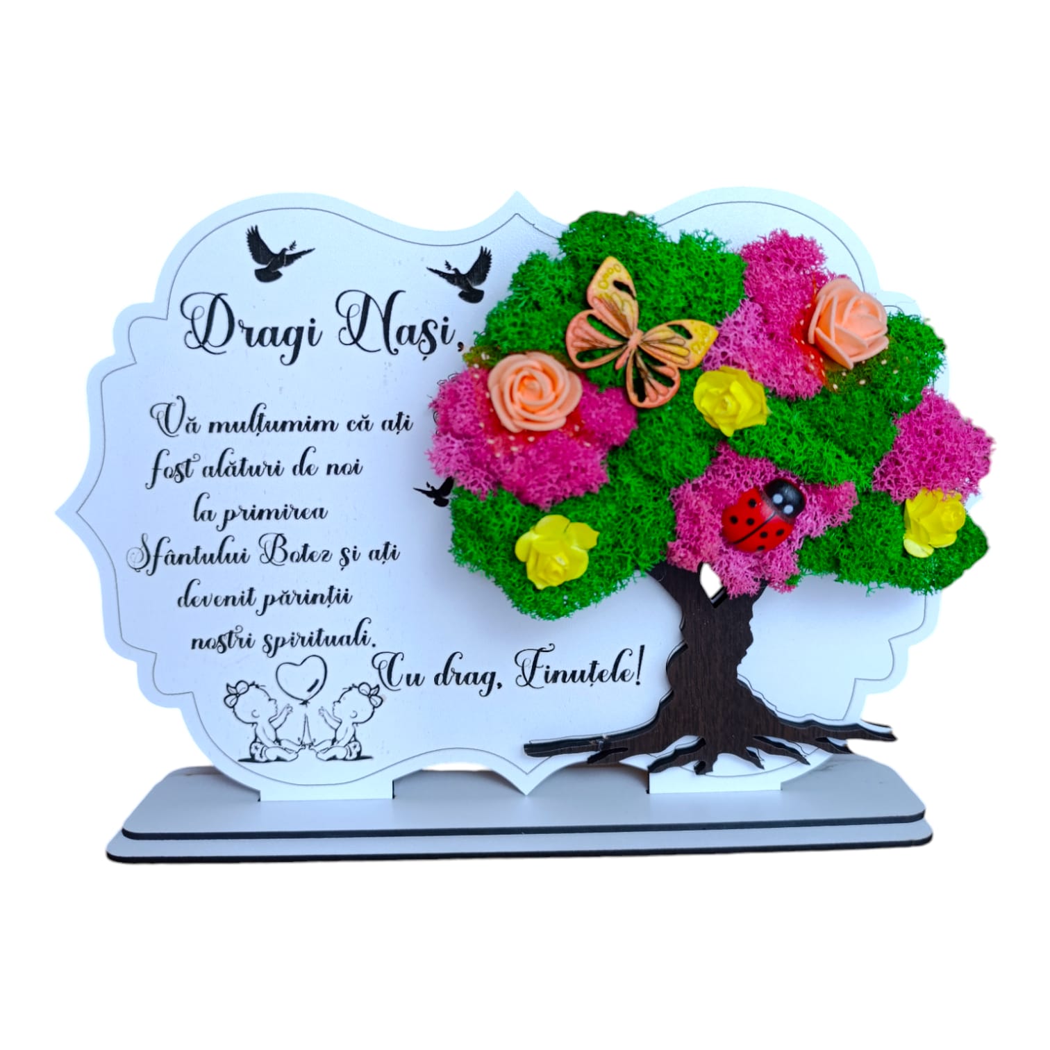 Cadouri Fina - Tablou copac cu licheni, personalizat pentru Botez Fete, alb