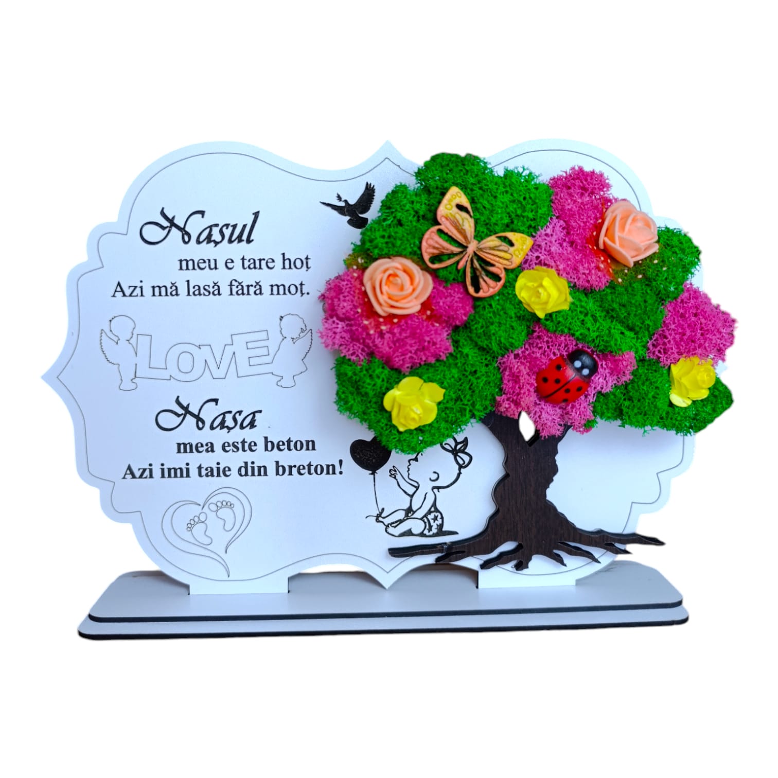 Cadouri pentru Botez - Tablou copac cu licheni, personalizat pentru Botez Fata, model 4, alb