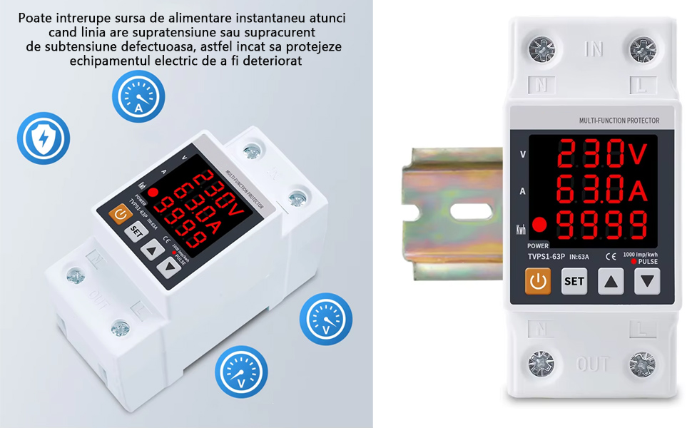 Releu monofazic si contor de energie, TVPS1-63P, 63A, 230V, reglabil, digital, protectie supratensiune si suprasarcina, Vaxiuja, Alb 1 54986471
