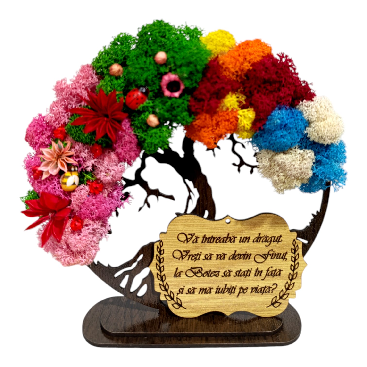 Cadouri Fin - Copacul vietii cu licheni 4 anotimpuri, personalizat pentru Botez Baiat, wenge