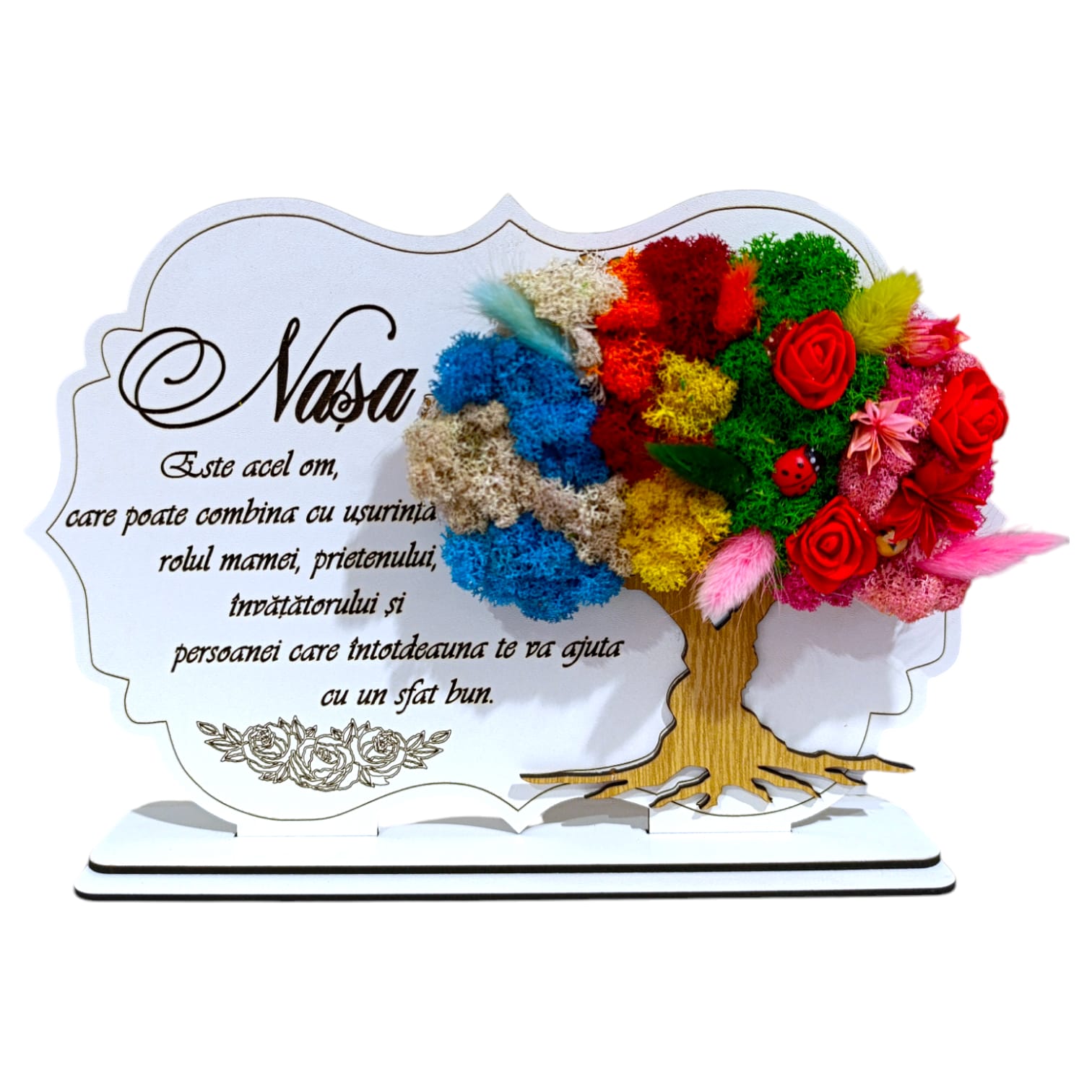 Cadouri Personalizabile - Tablou copac cu licheni stabilizati, personalizat cu mesaj standard pentru nasa, dimensiune 30x20cm, model 3, alb