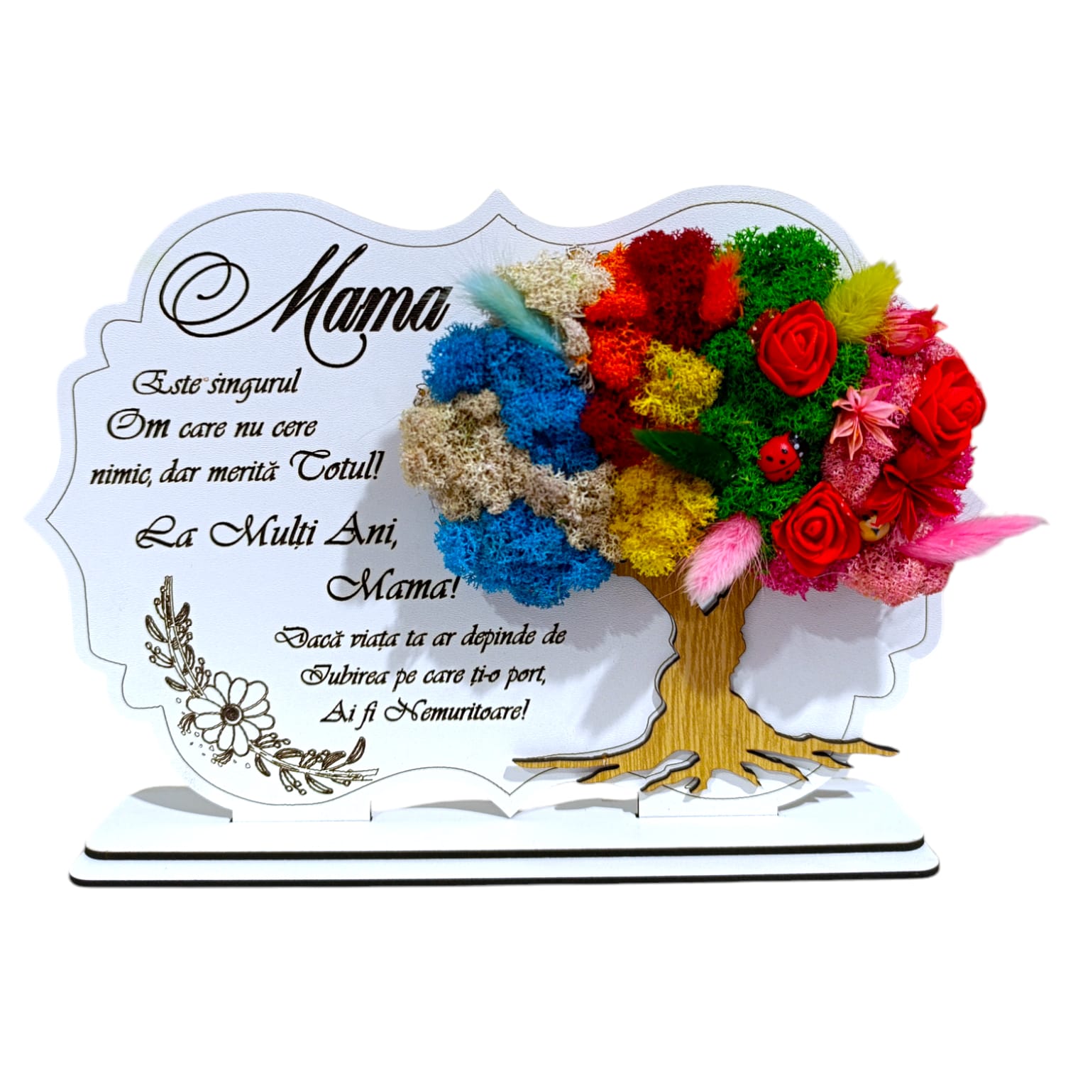 Cadouri Mama - Tablou copac cu licheni stabilizati, personalizat cu mesaj standard pentru mama, dimensiune 30x20cm, model 5, alb