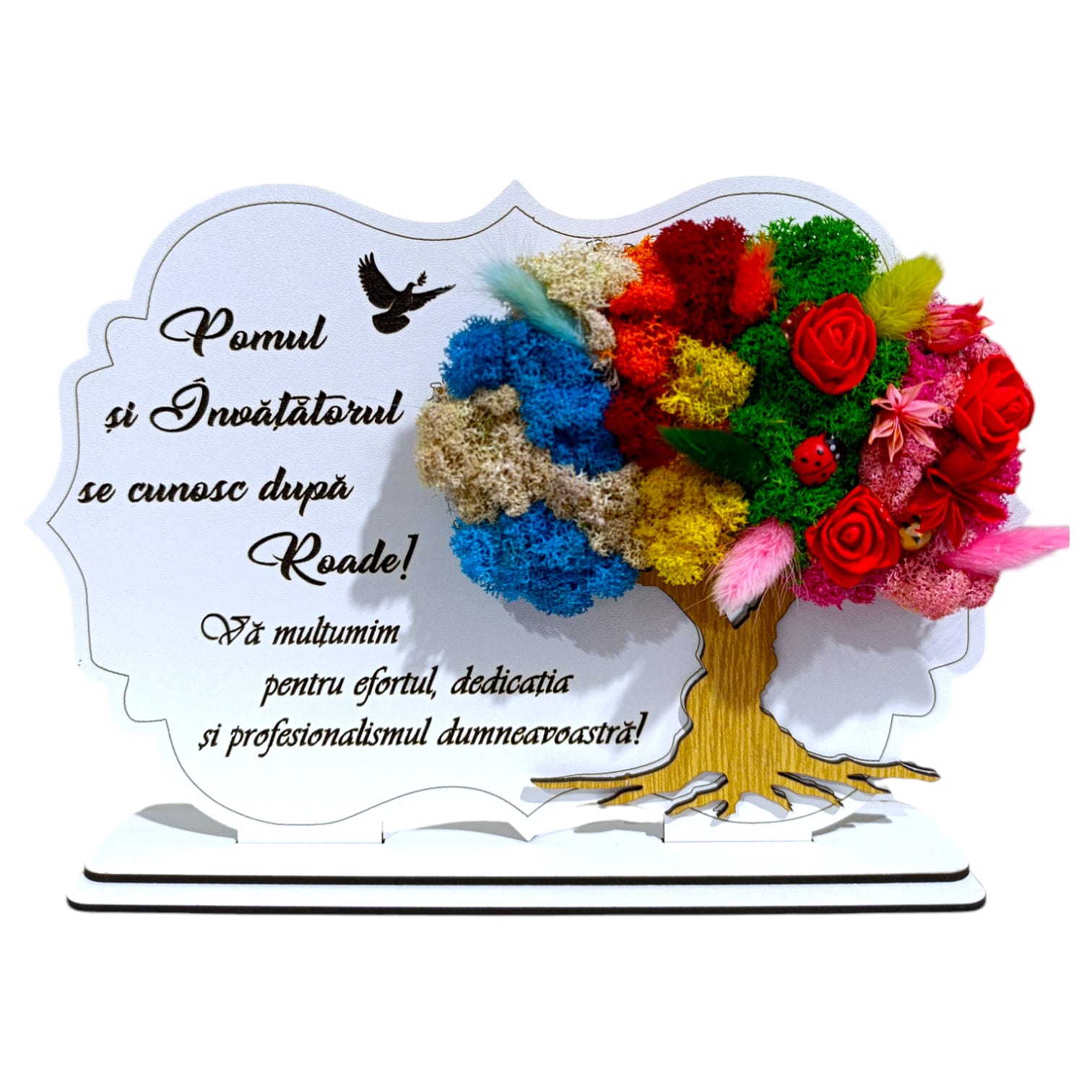 Cadouri Profesori - Tablou Copac 4 anotimpuri cu licheni, personalizat pentru Profesori "Pomul si invatatorul...", alb