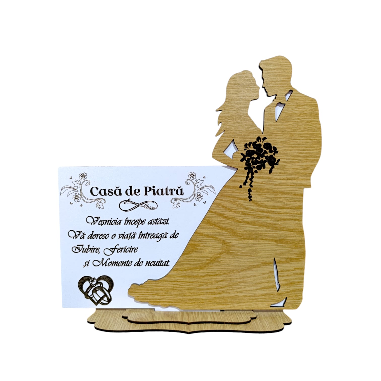 Cadouri pentru Nunta - Cadou personalizat – Decoratiune din lemn cu silueta miri pentru Nunta "Casa de piatra!", alb