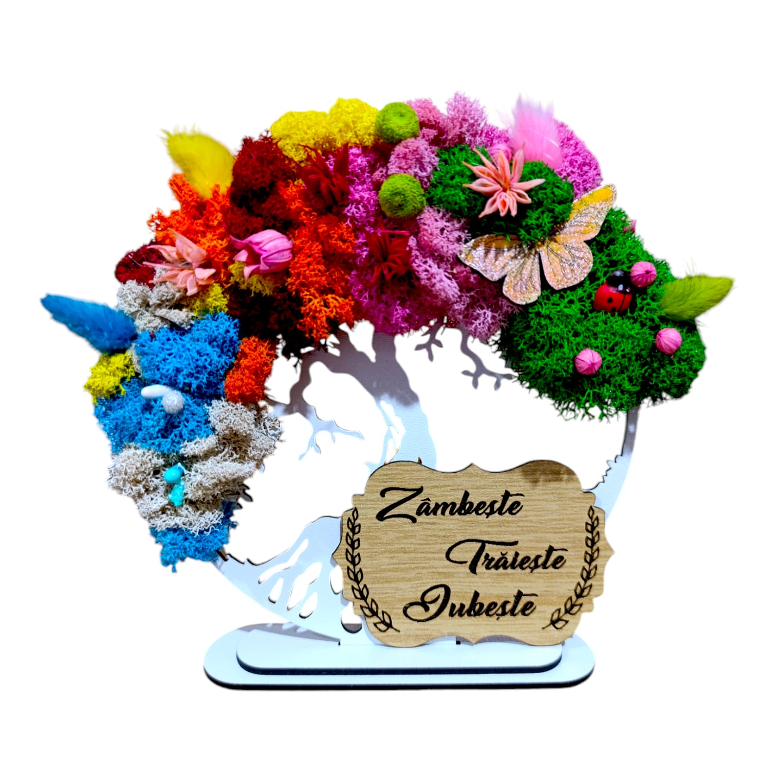 Cadouri Familie - Copacul vietii cu licheni 4 anotimpuri, personalizat pentru Familie "Zambeste...", alb