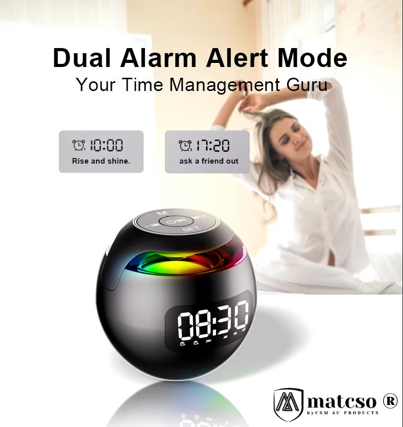 Boxa Portabila Wireless cu Ceas Desteptator Digital si Radio, matcso by CSM 4U PRODUCTS®, Design modern, Alarma dubla, Difuzor, Bluetooth, Slot pentru card, Lumina LED, Negru [3]