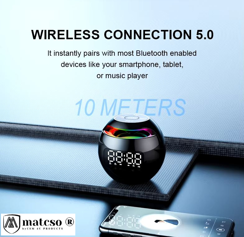 Boxa Portabila Wireless cu Ceas Desteptator Digital si Radio, matcso by CSM 4U PRODUCTS®, Design modern, Alarma dubla, Difuzor, Bluetooth, Slot pentru card, Lumina LED, Negru [5]