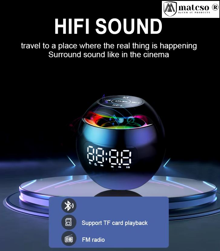 Boxa Portabila Wireless cu Ceas Desteptator Digital si Radio, matcso by CSM 4U PRODUCTS®, Design modern, Alarma dubla, Difuzor, Bluetooth, Slot pentru card, Lumina LED, Negru [6]