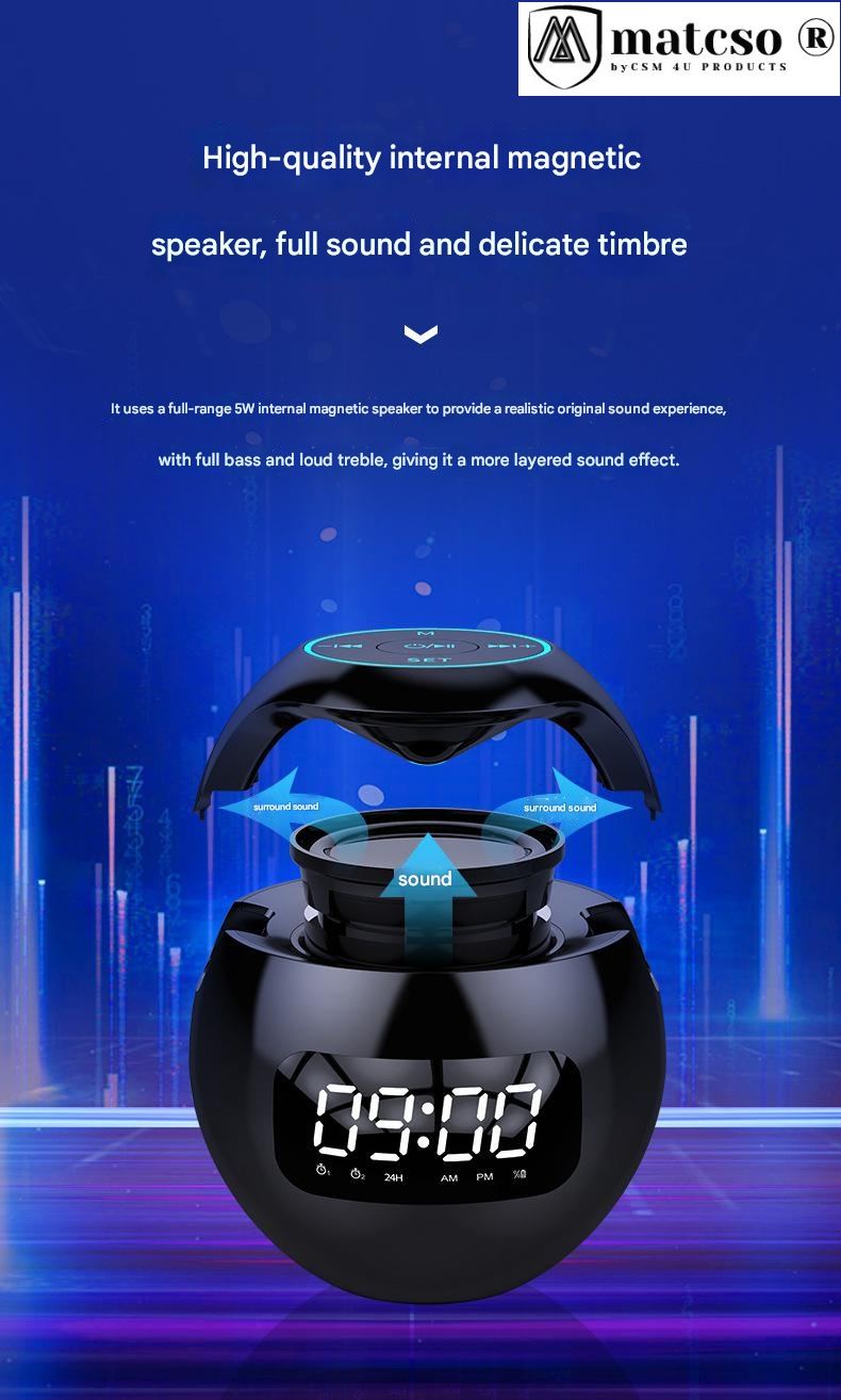 Boxa Portabila Wireless cu Ceas Desteptator Digital si Radio, matcso by CSM 4U PRODUCTS®, Design modern, Alarma dubla, Difuzor, Bluetooth, Slot pentru card, Lumina LED, Negru [7]