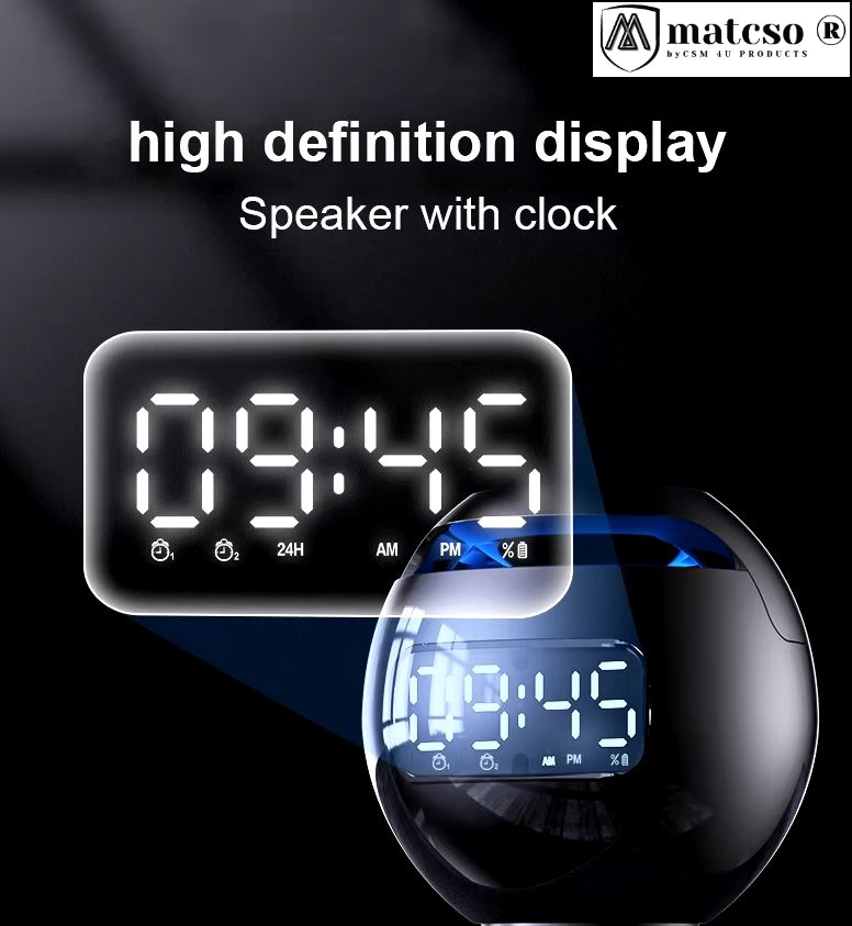 Boxa Portabila Wireless cu Ceas Desteptator Digital si Radio, matcso by CSM 4U PRODUCTS®, Design modern, Alarma dubla, Difuzor, Bluetooth, Slot pentru card, Lumina LED, Negru [8]