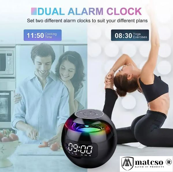 Boxa Portabila Wireless cu Ceas Desteptator Digital si Radio, matcso by CSM 4U PRODUCTS®, Design modern, Alarma dubla, Difuzor, Bluetooth, Slot pentru card, Lumina LED, Negru [9]