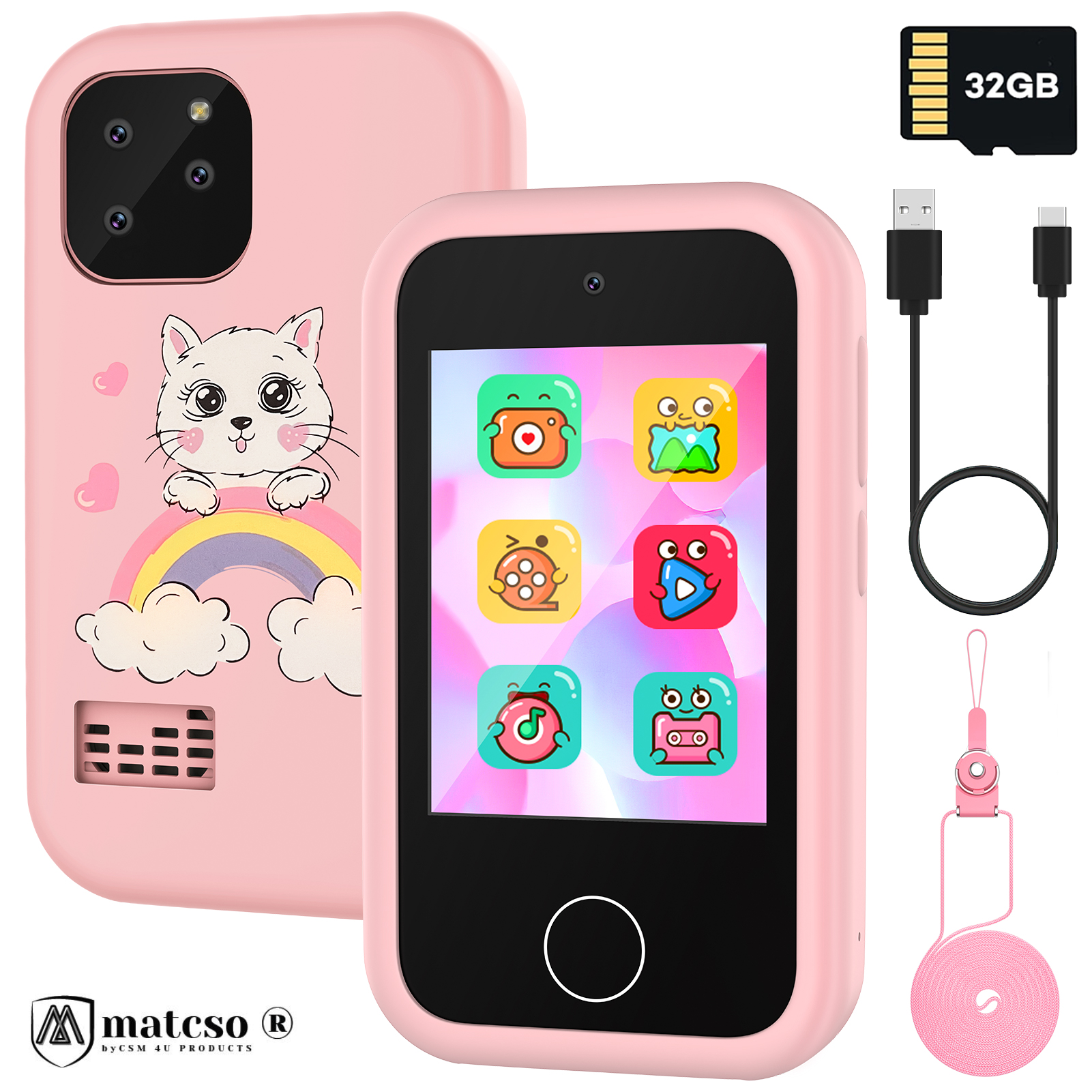 Laptopuri, tablete si gadget-uri copii - Telefon Inteligent Jucarie Pentru Copii, matcso by CSM 4U PRODUCTS®, Ecran Tactil 2.8 inch, Camera Dubla 8.0 MP, Video HD, Player Muzical MP3, Jocuri Puzzle, Jocuri Educative, Card Memorie Micro SD 32