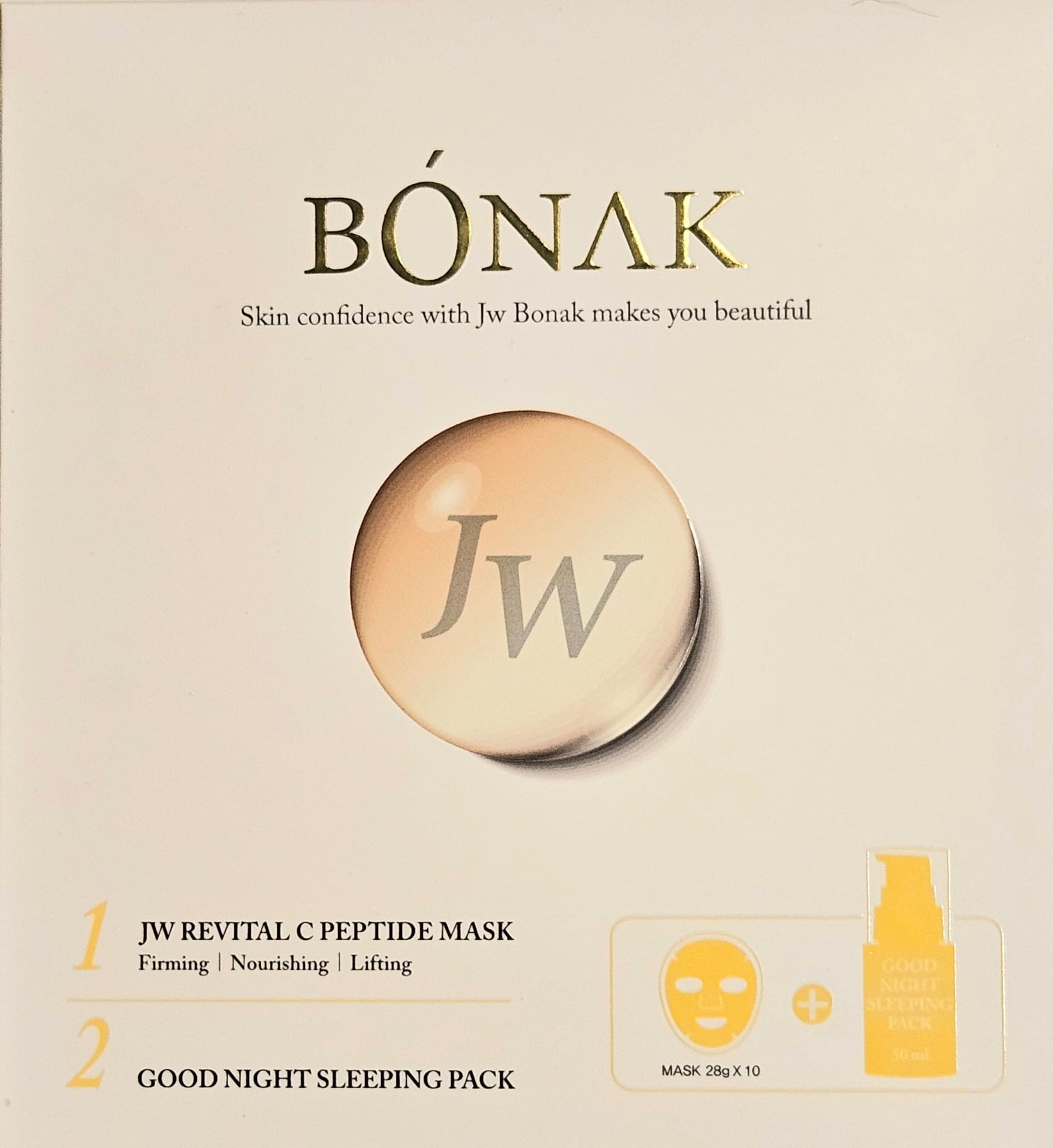 Set coreean de 10 masti-servetel si ser pentru ten, BONAK, JW Revital C Peptide Mask and Good Night Ser, pentru ten mai ferm, efect de lifting, K Beauty, 10 masti x 28 g si 1 Ser Good Night x 50 ml [2]