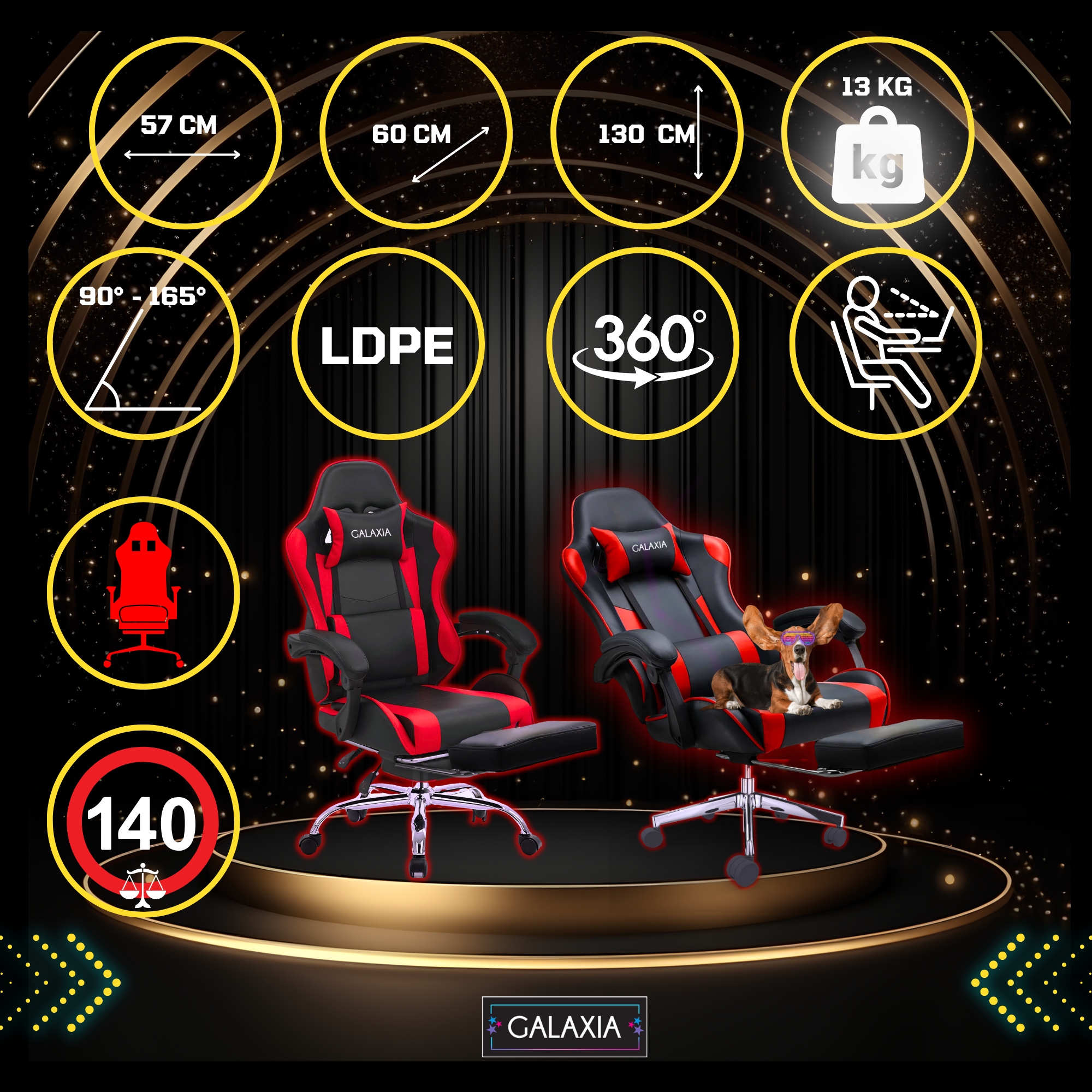 Въртящ се стол за игри Galaxia®, с регулируема облегалка, ергономичен и елегантен, в черно и червено
