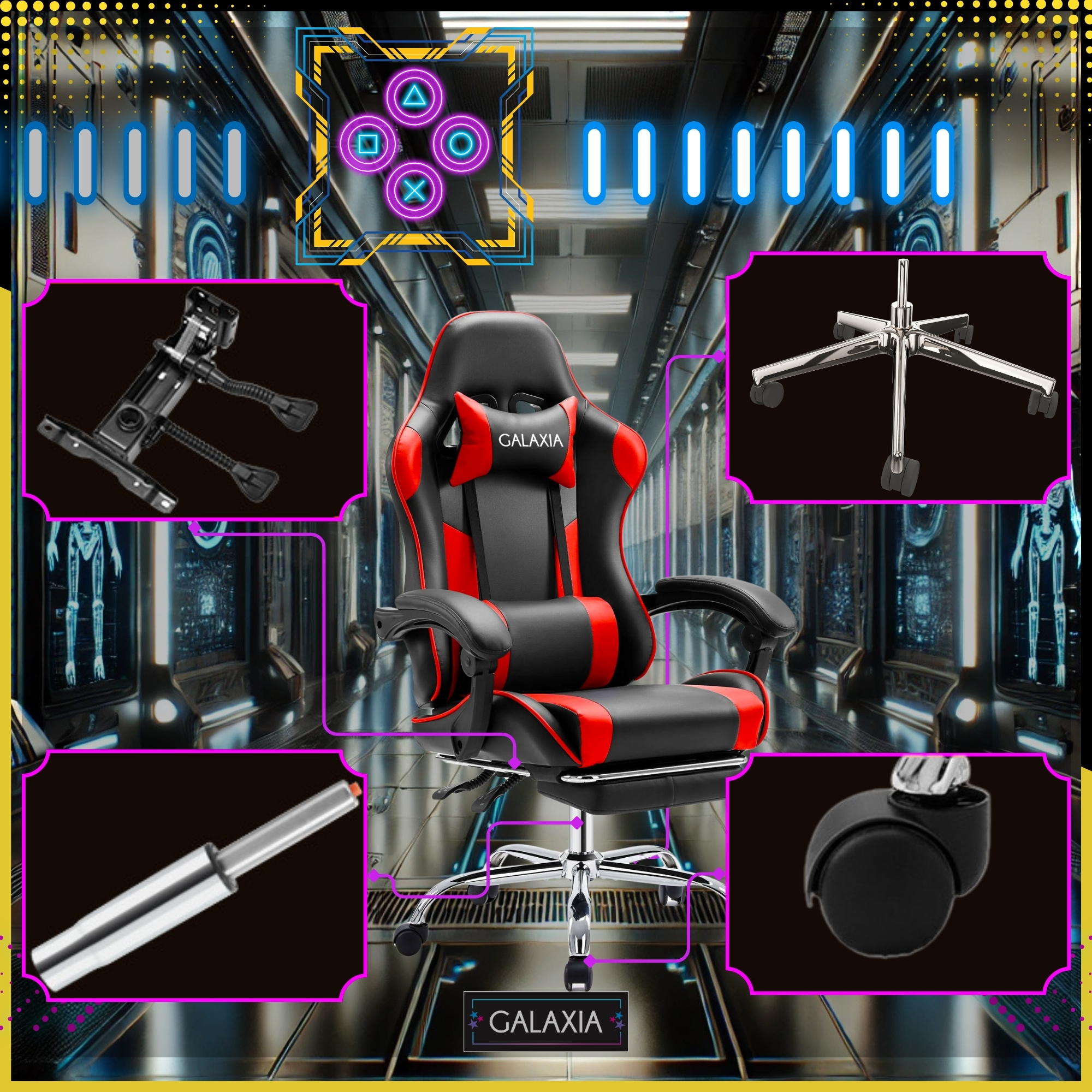 Galaxia® Въртящ се стол за игри с поставка за крака и регулируема облегалка за деца и възрастни, черен и червен