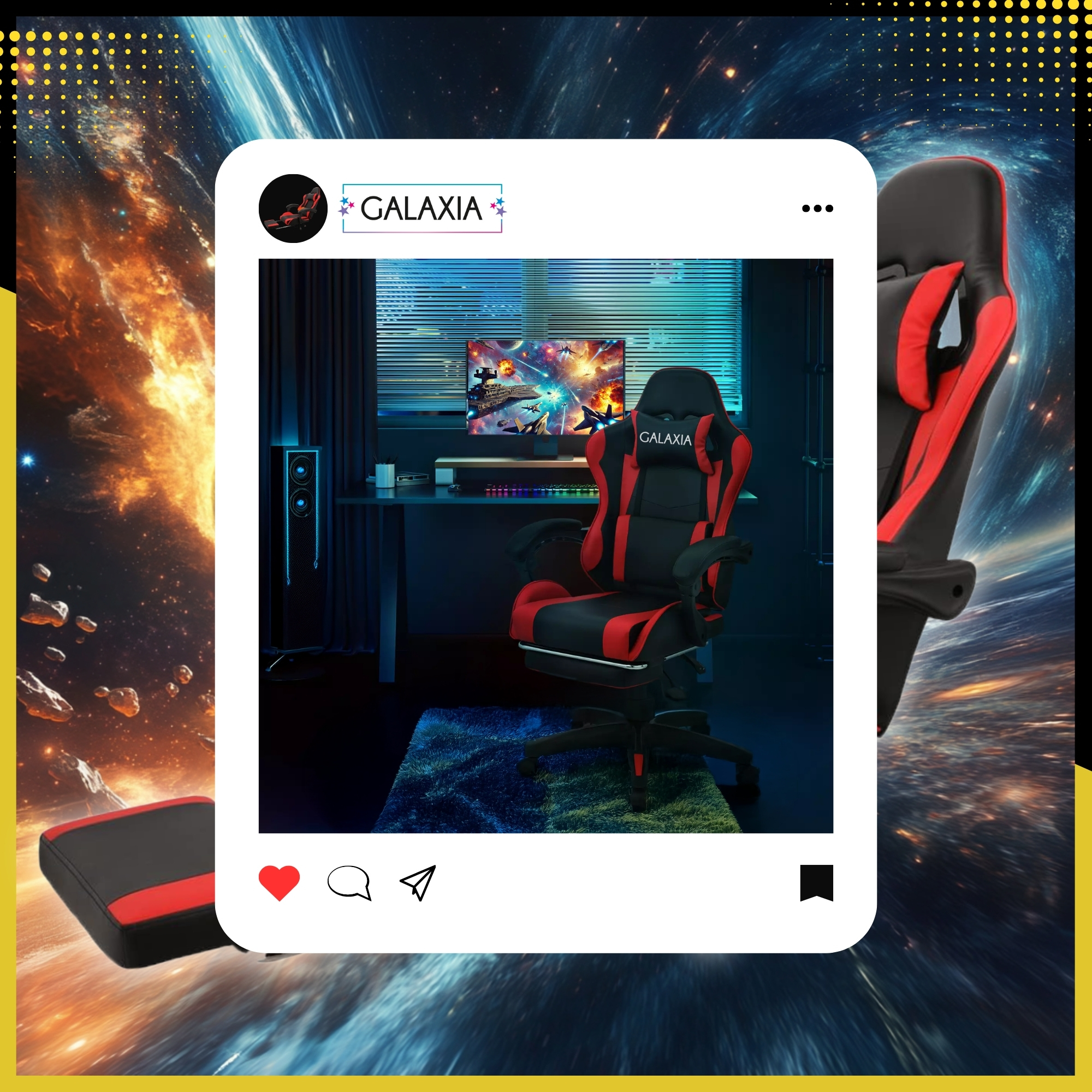 Черен и червен геймърски стол Galaxia®, с функция за сгъване, опора за крака и дишаща екологична кожа