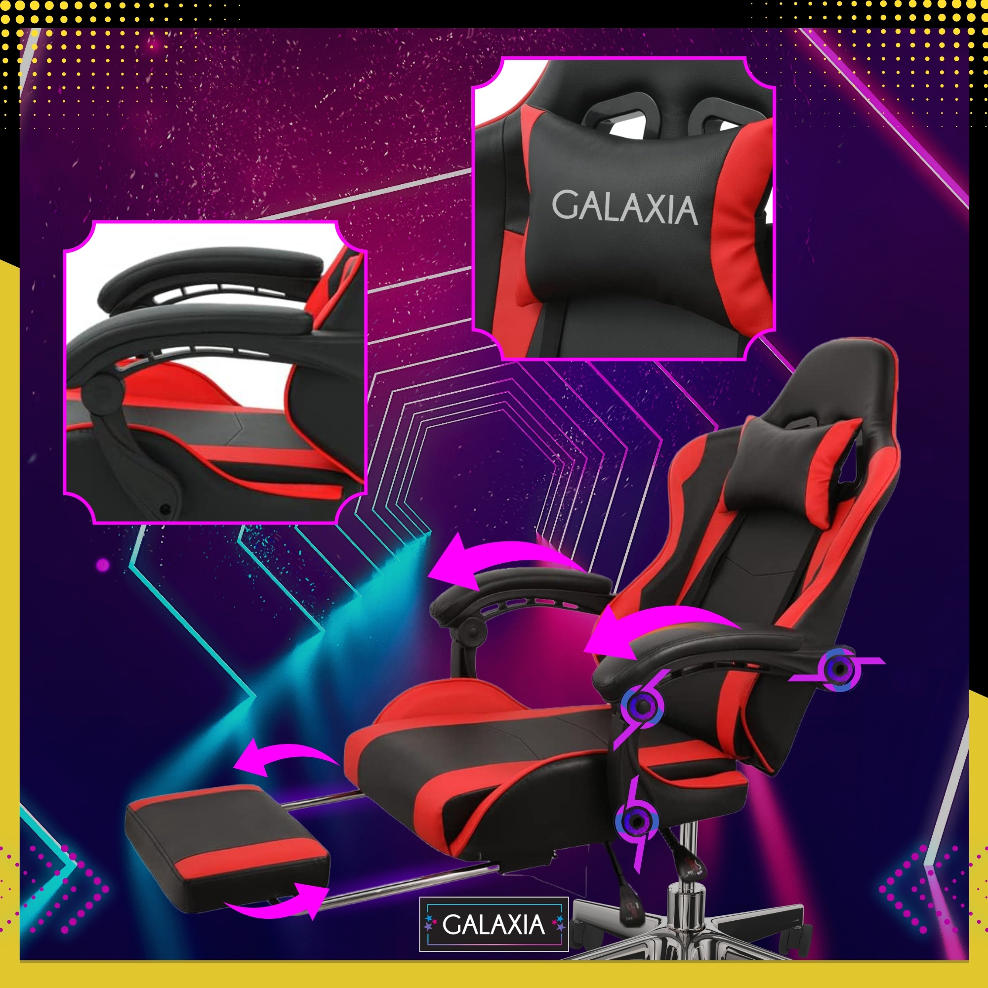 Удобен геймърски стол Galaxia® Black and Red, с ергономична облегалка и функция за въртене на 360°