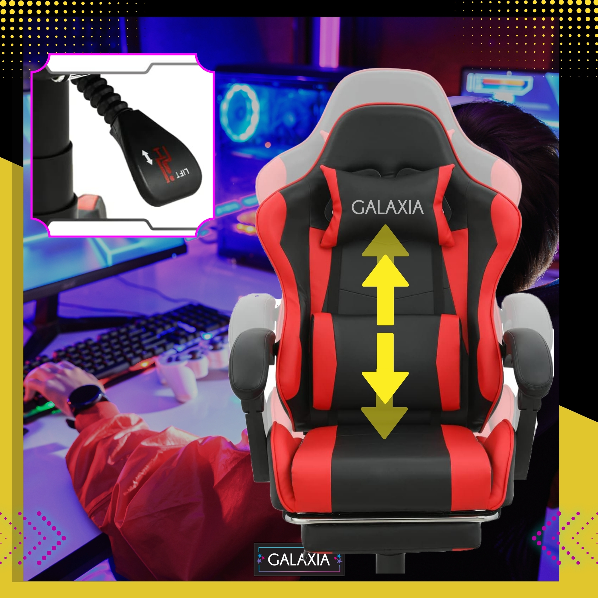 Galaxia® Удобен геймърски стол за геймъри, с въртяща се функция и регулируема облегалка, черно и червено